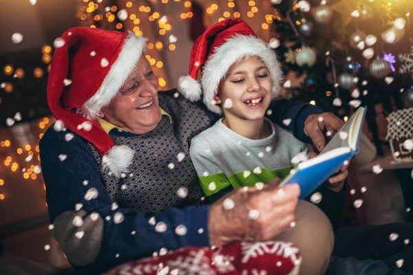 Grandfather Grandson Sitting Chair Reading Book Christmas — Stock Photo, Image