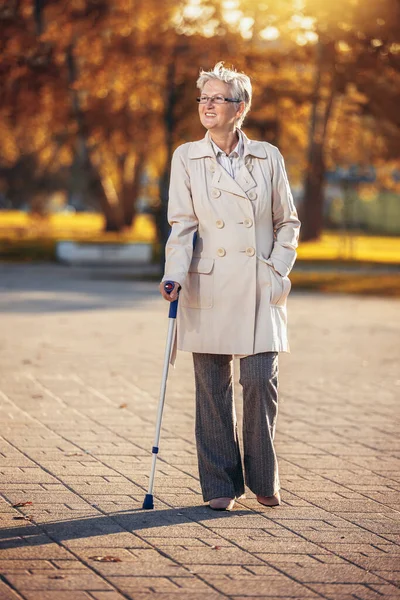 Starsza Kobieta Kulą Spacerze Jesiennym Parku — Zdjęcie stockowe