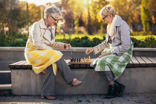 Duas Mulheres Adultas Jogar Xadrez Banco Livre Parque — Fotografia de Stock