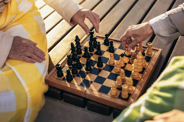 Two Senior Adult Women Playing Chess Bench Outdoors Park Close — Stock Photo, Image