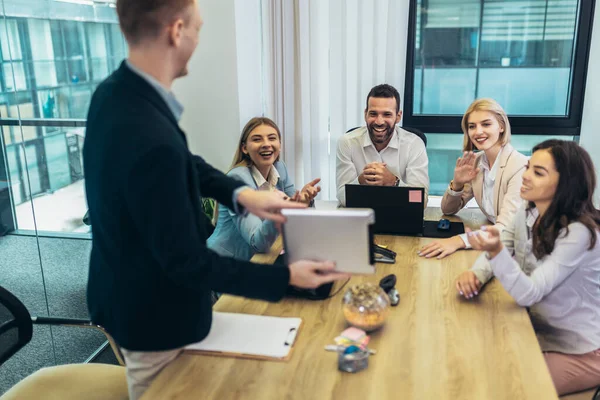 Office Colleagues Meeting Conference Room Make Video Call Business Meeting — Foto Stock