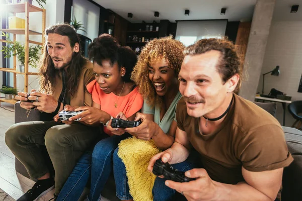 Group Friends Playing Video Games Happy Fellows Having Fun Home — Foto de Stock
