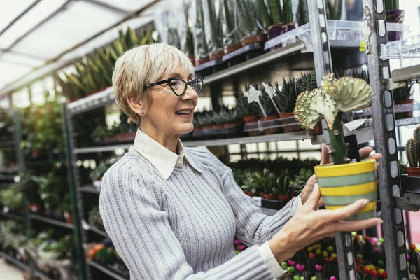 Старшая Женщина Покупает Цветы Цветочном Магазине — стоковое фото