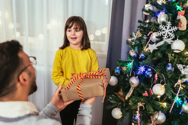 Loving Father Celebrates Christmas His Daughter Beautiful Christmas Tree — Stock Photo, Image