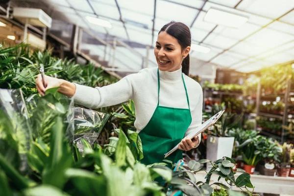 在花店工作的快乐的小企业主女人站在植物的包围下 — 图库照片
