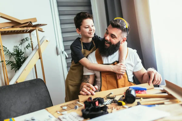 Father Son Making Furniture Wooden Plank Home — Stock Photo, Image
