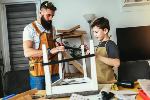 Smiling Father Teaching His Son Upholstery Home Having Fun — Stock Photo, Image