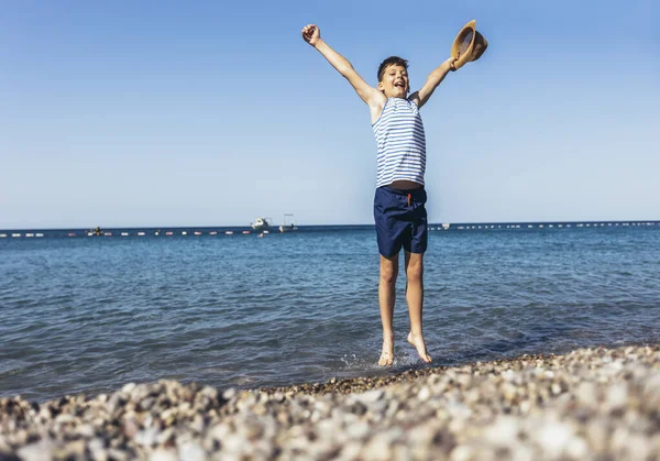 Boy Jumping Beach Having Fun Vacation — Stock Photo, Image