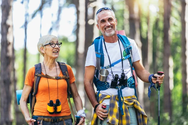 Mature Couple Hiking Forest Wearing Backpacks Hiking Poles Nordic Walking — Stockfoto