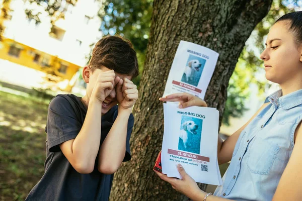 Çocuklar Kayıp Bir Köpek Arıyorlar Posterler Asıyorlar — Stok fotoğraf