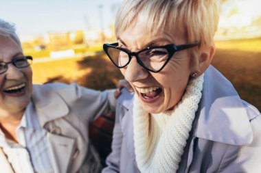 Two senior female friends sitting on the bench in the park