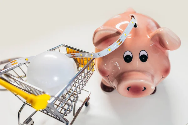 Piggy Bank Light Bulb Led Light Strip Saving Energy — Stock Photo, Image