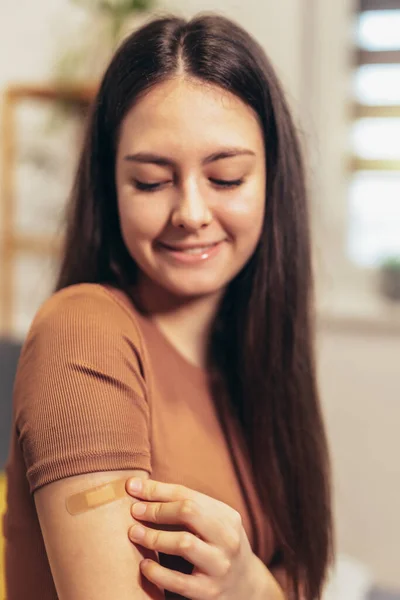 Cheerful Teenage Girl Having Plaster Arm Virus Protection Covid Vaccination — ストック写真