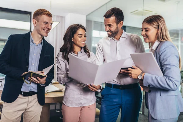 Group Young Business People Working Together While Standing Creative Office — Stock Photo, Image