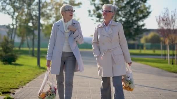 2人の先輩女性の友人が食料品袋を持って公園を歩いている — ストック動画