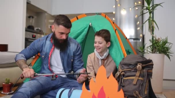 Father Son Having Fun Home Camping Tent Living Room — Vídeos de Stock