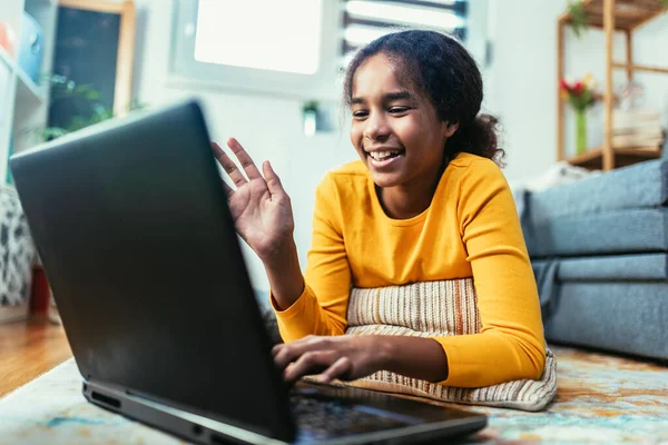 Smiling School African American Girl Watching Video Lesson Computer Happy — Stock Photo, Image