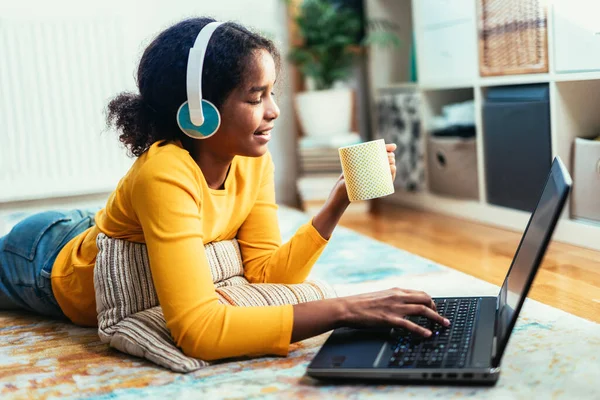 Smiling School African American Girl Headphones Watching Video Lesson Computer — Stock Photo, Image