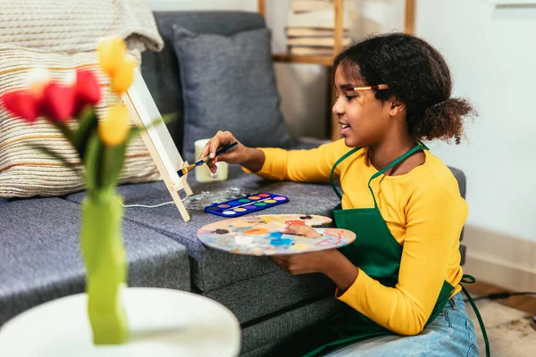 Preteen Girl Using Paintbrush Bring Creativity Color Life Table Creating – stockfoto