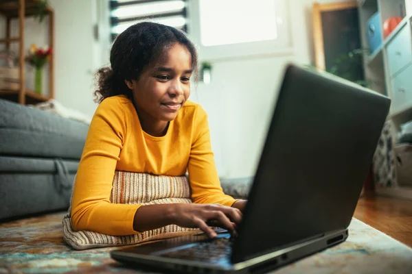 Smiling School African American Girl Watching Video Lesson Computer Happy — Fotografie, imagine de stoc
