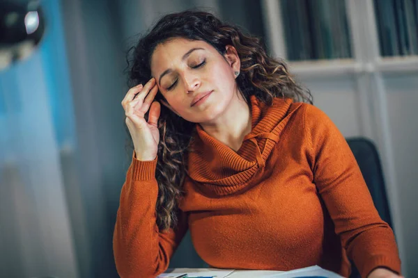 Young Woman Suffer Headache Work Laptop Home Office — Stock Photo, Image