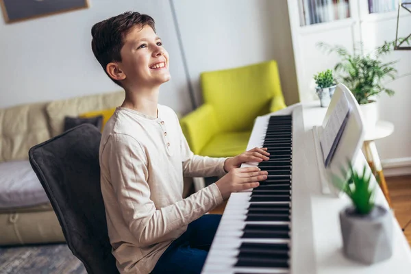 Little Boy Playing Piano Living Room Child Having Fun Learning — Stockfoto