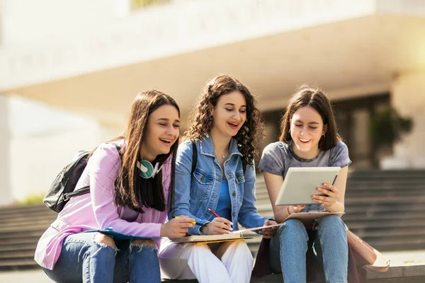 屋外で一緒に勉強するデジタルタブレットを持つ学生のグループ — ストック写真