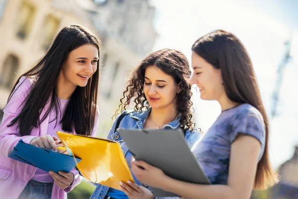 Group Students Notebook Studying Together Outdoors — Stock Photo, Image