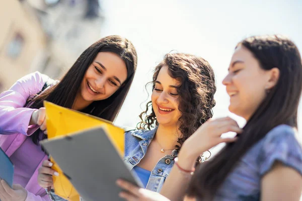 Group Students Notebook Studying Together Outdoors — Stock Photo, Image