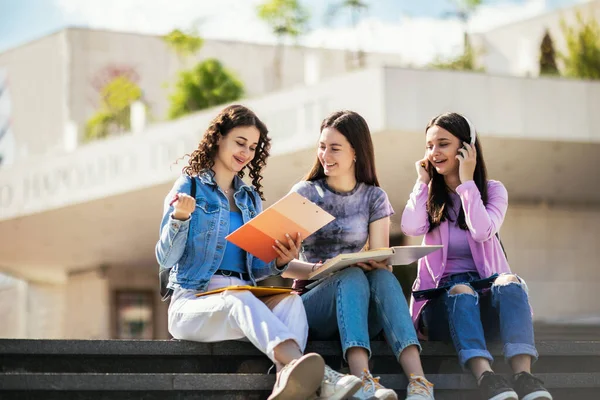 ノートを持って屋外で一緒に勉強する学生のグループ — ストック写真