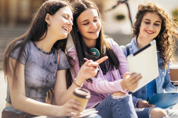 Group Collage Girls Sitting Bench Studying School — Stock Photo, Image