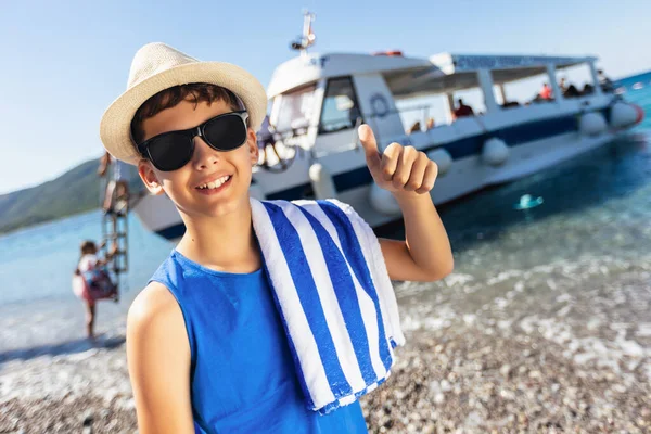 Portrait Smiling Boy Beach Tourist Boat Background — Foto Stock