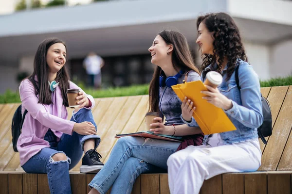 一群坐在长椅上上学的女大学生 — 图库照片