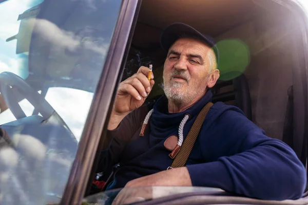 Portrait Cheerful Delivery Driver Looking Out Window White Cargo Van — Stock Photo, Image
