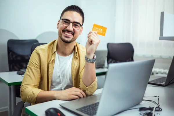 Happy Cheerful Smiling Young Adult Man Doing Online Shopping Shopping — Stock Photo, Image