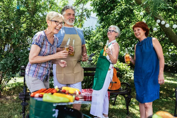 バーベキューや思い出 友情を深めながらピクニックをしながら退職を楽しむ高齢者のグループ — ストック写真