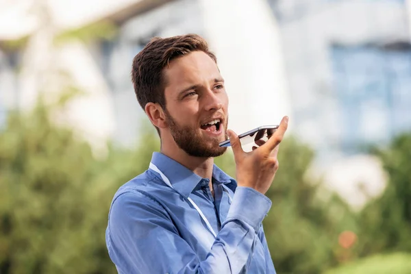 Caucasian Bearded Male Sending Voice Messages His Job Using Technology — Stock Photo, Image