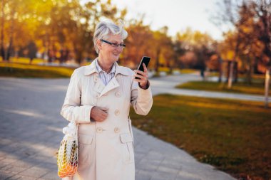 Renkli parkta yürüyen ve sonbaharda bakkaliyesini taşıyan telefonuna bakan yaşlı bir kadın.