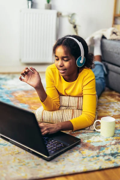 Smiling School African American Girl Headphones Watching Video Lesson Computer — Fotografie, imagine de stoc