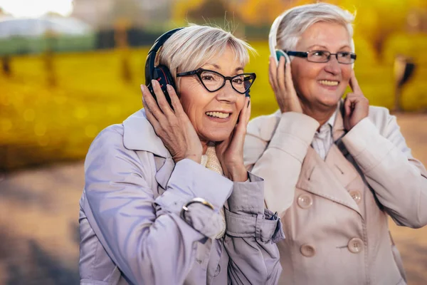 Duas Mulheres Mais Velhas Ouvindo Música Seus Fones Ouvido Sem — Fotografia de Stock