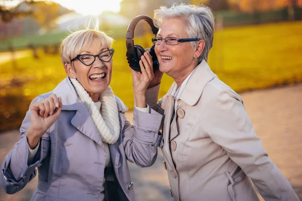 Két Idősebb Zenét Hallgat Vezeték Nélküli Fejhallgatóján Színes Parkban Ősszel — Stock Fotó