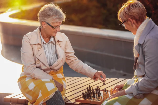 Twee Oudere Vrouwen Die Schaak Spelen Plezier Hebben Het Kleurrijke — Stockfoto