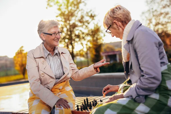 Dvě Starší Ženy Hrají Šachy Baví Nimi Barevném Parku Podzim — Stock fotografie