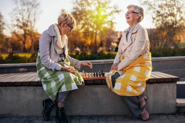 Duas Mulheres Mais Velhas Jogando Xadrez Divertindo Com Ele Parque — Fotografia de Stock