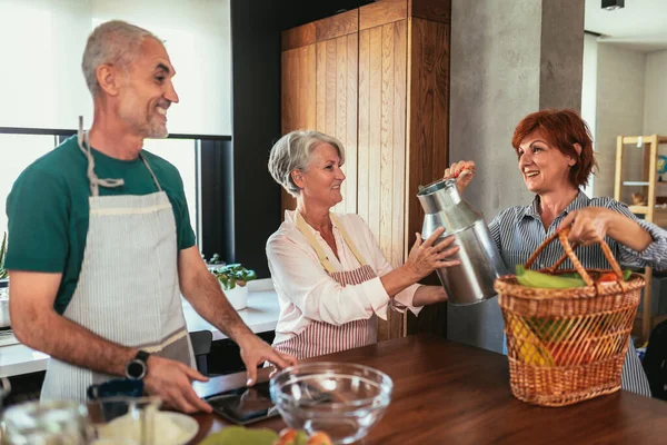 Happy Mature Middle Aged Woman Brings Fresh Vegetables Milk Country — Stockfoto