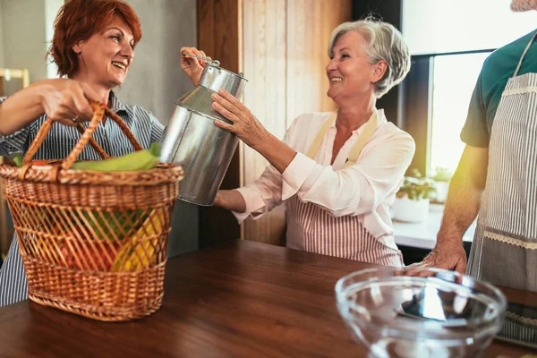 Happy Mature Middle Aged Woman Brings Fresh Vegetables Milk Country — Foto de Stock