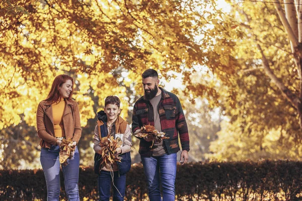 Young Happy Parents Having Fun Boy While Running Park Autumn — Stock Photo, Image