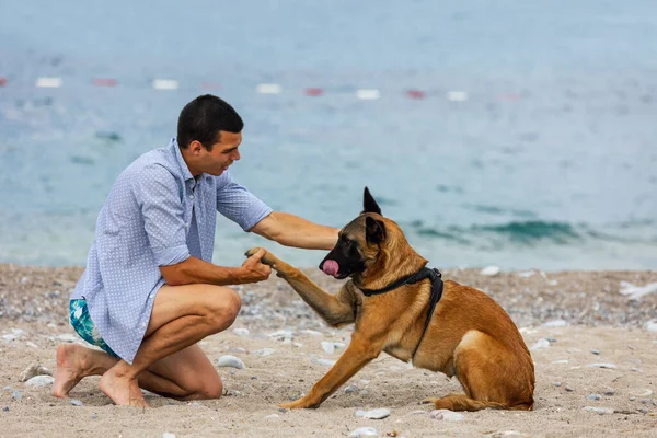 Entrenador Perros Con Perro Durante Entrenamiento Cerca Del Mar — Foto de Stock