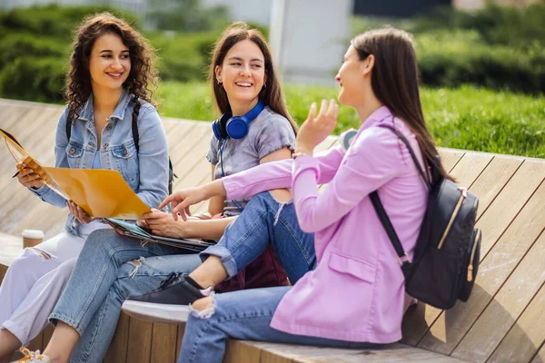 Grupo Garotas Colagem Sentadas Banco Estudando Para Escola — Fotografia de Stock