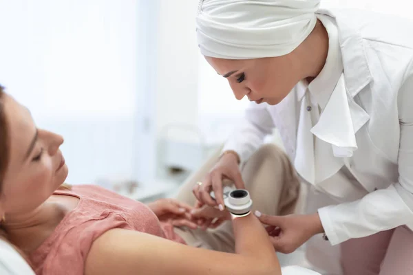 Dermatologist Examines Moles Acne Patient Dermatoscope Prevention Melanoma — Stock Photo, Image